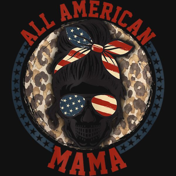 Womens wDr All American Mama Leopard Messy Bun Mom 4th Of July T Shirt Thumbnail