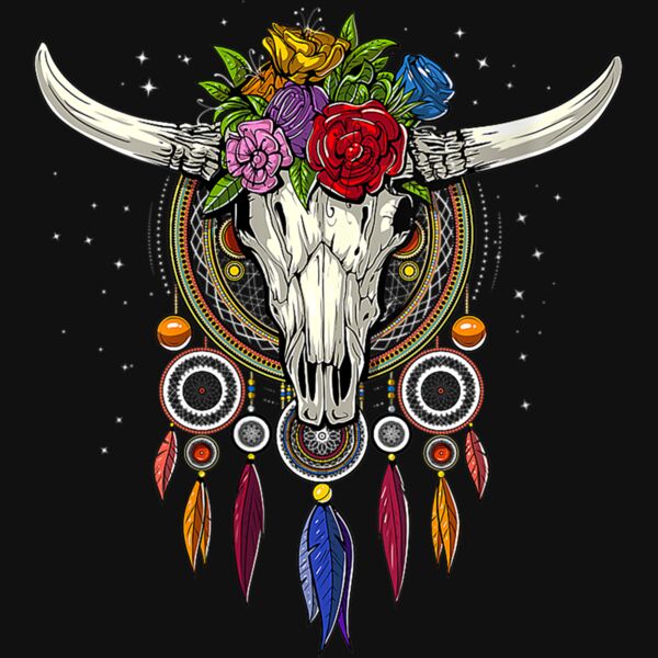 Womens Hippie Cow Skull Native American Floral Dreamcatcher Boho V Neck T Shirt Thumbnail