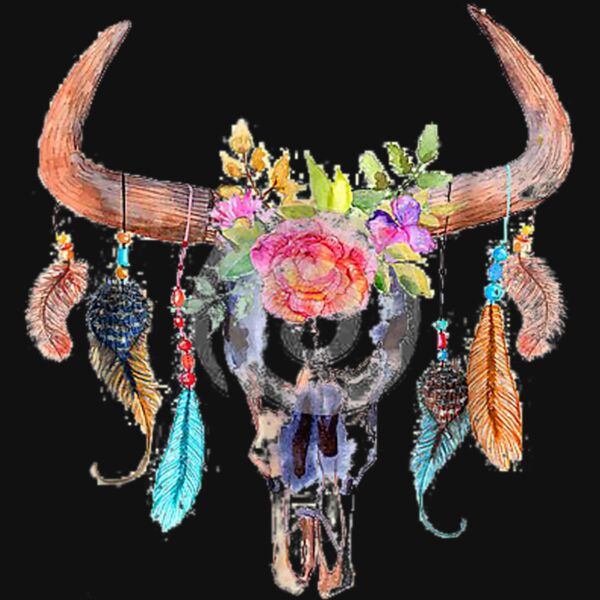 Lovely Watercolor Cow Skull With Flowers Boho Art T Shirt Thumbnail