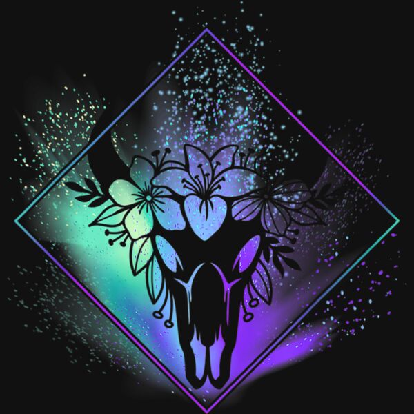 Boho Cow Skull Flowers Diamond Teal and Purple Splatter T Shirt Thumbnail
