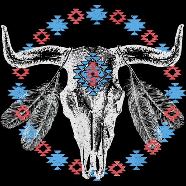Vintage Cow Bull Skull BOHO Southwestern Aztec Feather T Shirt Thumbnail
