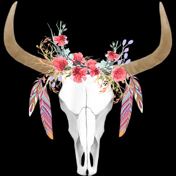 Floral Cow Skull with Feathers T Shirt   Bull Skull Shirt  Thumbnail