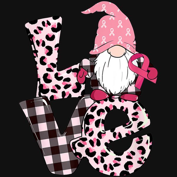 Leopard and Plaid Love Gnome Breast Cancer Awareness Gift T Shirt Thumbnail