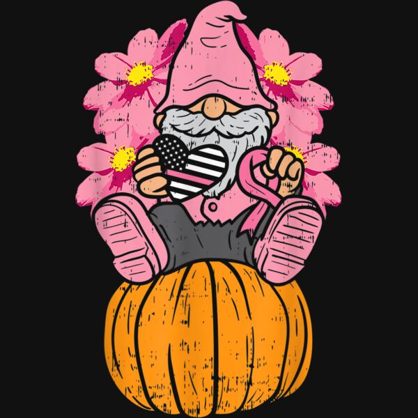 Gnome On Pumpkin Pink Ribbon Breast Cancer Halloween Gift T Shirt Thumbnail